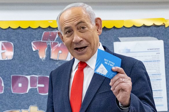 Israel’s Prime Minister Benjamin Netanyahu casts his ballot in Jerusalem.