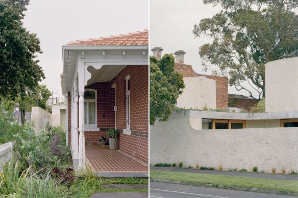 Bagged brick walls encase the edges 
 of the existing Federation home; this helps buffer traffic noise.