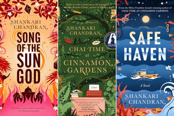 Three of Chandran’s novels. Her latest, Safe Haven, takes on Australia’s off shore detention policy and community advocacy and was inspired by high-profile cases
including that of “the Biloela family”.