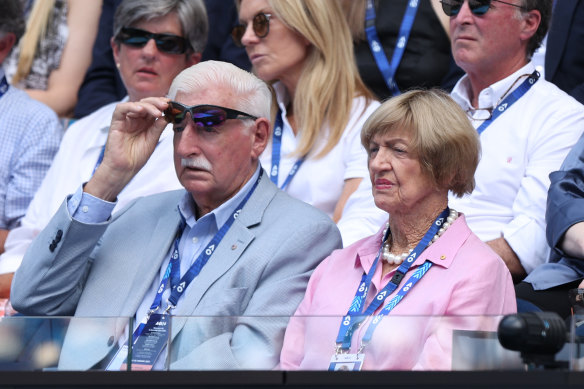 Margaret Court watches the men’s singles quarter-final at Rod Laver Arena.