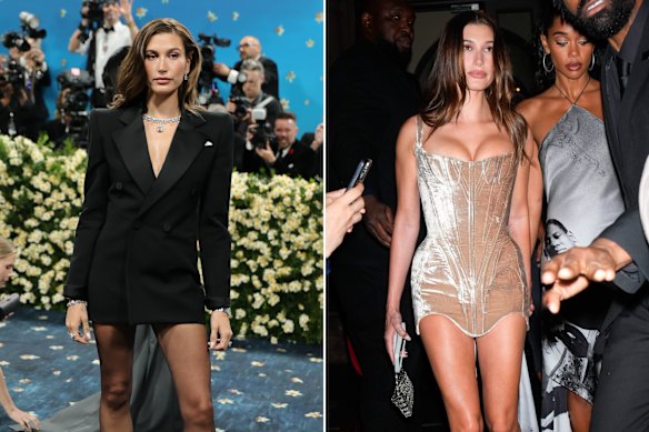 Hailey Bieber at the Met Gala in Saint Laurent and at the after-party.