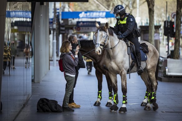 Police were on horses in Melbourne’s CBD on Saturday.