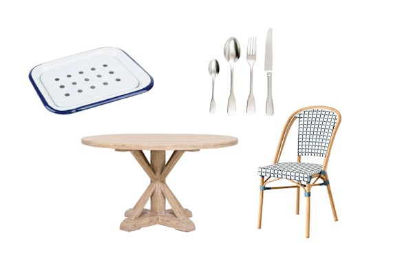 Soap dish; “Royal” dining table; “Brick Lane” 24-pice cutlery set; “Lafayette” chair.  
