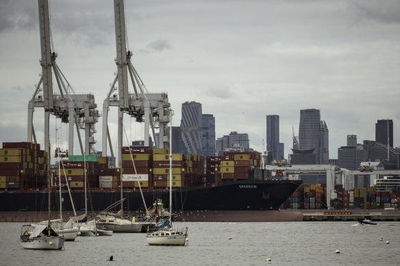 Zim shipping line’s Sparrow cargo ship docked at Webb Dock in Melbourne on Thursday. The company’s ships have previously been targeted by pro-Palestinian protesters.