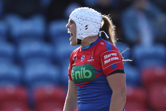 Knights halfback Jesse Southwell celebrates after scoring against the Roosters in round eight.