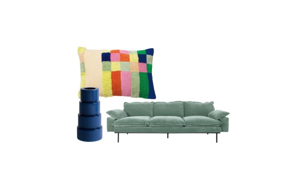 “Aussy” cushion; “Devo” vase; “Retro” sofa.