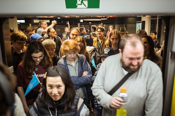 Passengers at Anzac station on the Metro Tunnel’s opening day.   