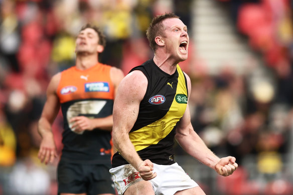 Jack Riewoldt celebrates on the final siren.