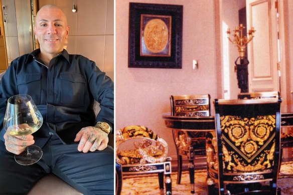 Drug kingpin Alen “Fathead” Moradian, who was murdered last year, and the inside of his Versace-themed home.