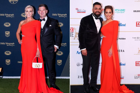 Natalie and Jason Demetriou at the 2023 Dally M Awards and Georgia Aceres with partner Ronnie at the 2018 Logies.