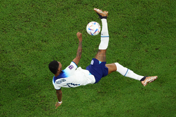 England’s Marcus Rashford attempts a bicycle kick against Wales.