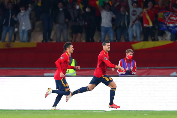 Alvaro Morata celebrates his goal for Spain.