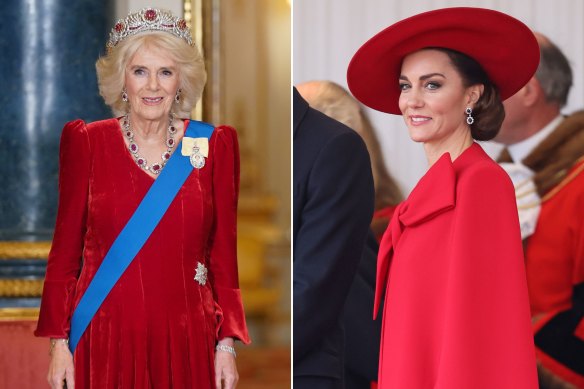 Queen Camilla ahead of the state banquet, for the state visit to the UK by President of South Korea Yoon Suk Yeol and his wife Kim Keon Hee at Buckingham Palace and Princess Catherine at the official welcome for the president. 