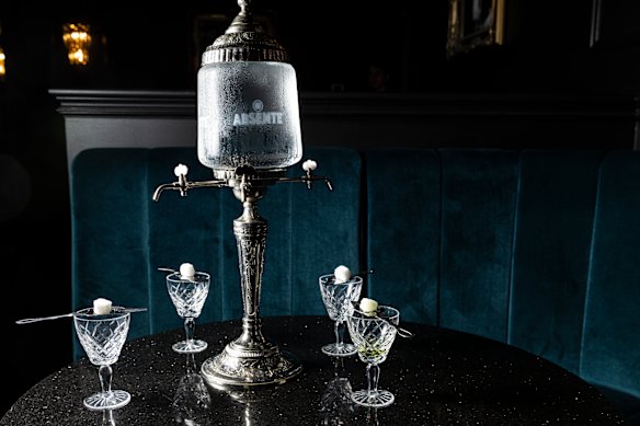 The theatrical Van Gogh absinthe features a tabletop fountain of chilled water which is poured onto...