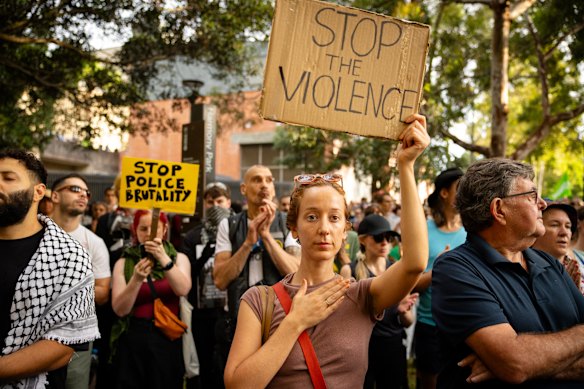 The protest at Harmony Park next to Surry Hills police station was mostly peaceful.