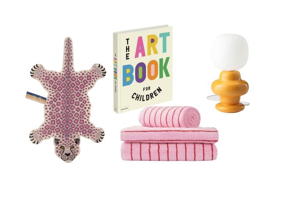 “Lilly Leopard” rug; The Art Book for Children; “Naram” bath towels; “Copacabana” lamp.