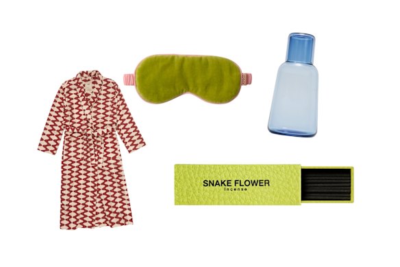 “Big Lauda” robe; “Tuscan Sunset” eye mask; “Second Wave” incense; “Talo” carafe set.  