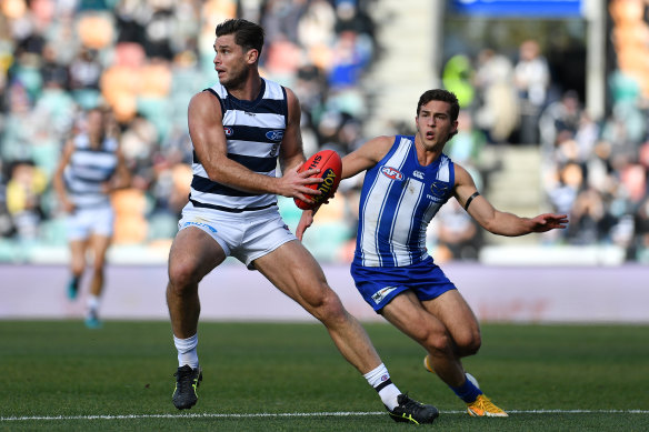 Tom Hawkins on the move for the Cats in their clash with North Melbourne at Blundstone Arena.