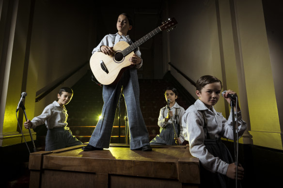 From left to right,  Orlando Corelli-Tapia, 10, Daniel Lim, 12, Luca Dahan, 10, and Sebastian Dovey Cribbes, 10, alternate in the role of young Elvis in Elvis: A Musical Revolution.