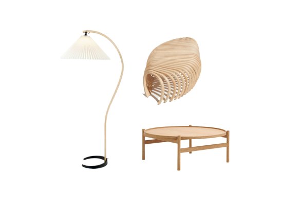“Timberline” floor lamp; “Ribs” bench; “HB” coffee table.