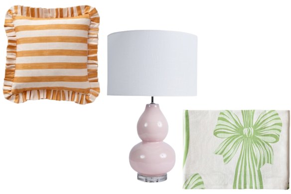 From left: “Ruffle” cushion; “Clementine” lamp; “Grace” tablecloth.