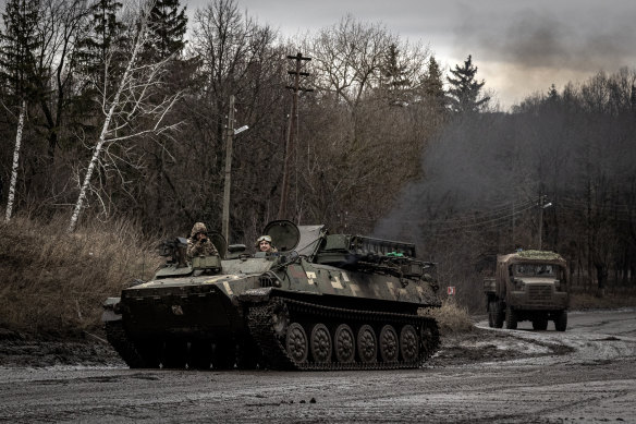 Ukrainian military vehicles close to the border with Russia’s Kursk region this month.