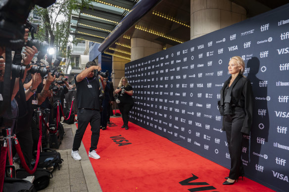 Pamela Anderson arrives at the premiere of The Last Showgirl in Toronto.