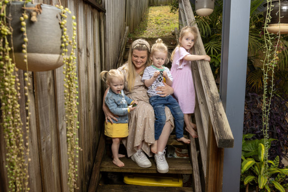 Samantha Rosewell, with her children Florence, 20 months, and twins Hollie and Arlo, three. 