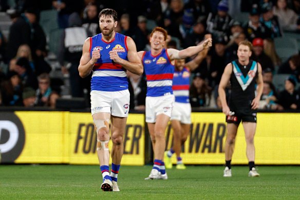 A relieved Marcus Bontempelli after the Bulldogs’ win.