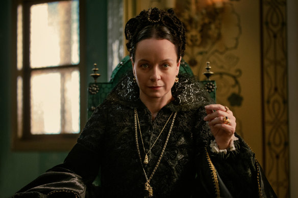 Samantha Morton as hard-bitten Catherine de’ Medici in historical romp The Serpent Queen.