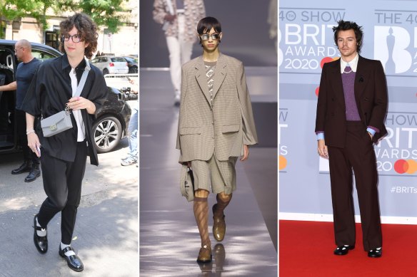Mary Janes (from left) on the streets of Milan, the catwalk at Fendi, and on Harry Styles.