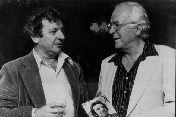 Unionist and author Jack Mundey (left) with the Chief Judge of the NSW Land and Environment Court, Mr Justice McClelland, at the launching of Mr Mundey's book.