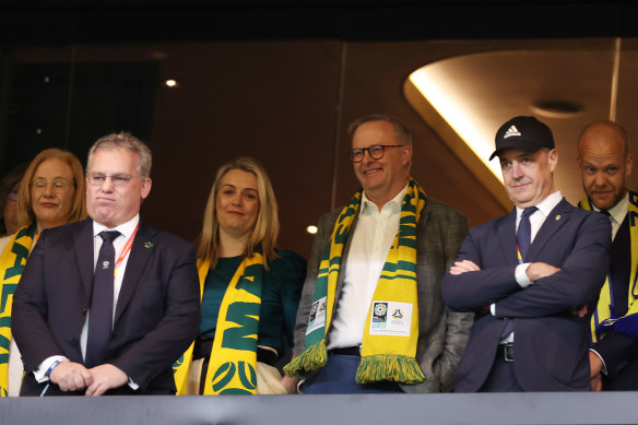 Prime Minister Anthony Albanese looks on during the FIFA Women’s World Cup on Saturday. 
