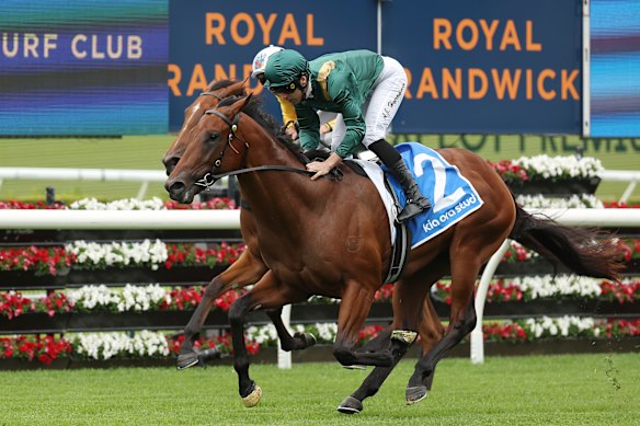 Adam Hyeronimus wins on Knightsbridge at Randwick on Saturday.