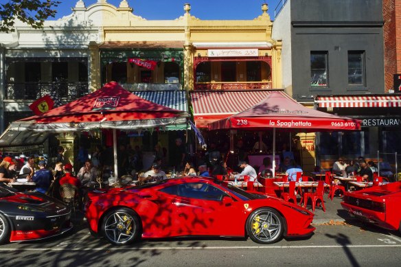 Ferrari drivers on Lygon Street, Carlton on Sunday.