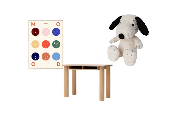 “Nine Moods” print; “Hennie” desk; “Snoopy”.  