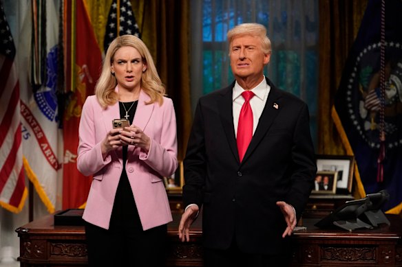 Ashley Padilla as Karoline Leavitt and James Austin Johnson as Donald Trump in Saturday Night Live. 