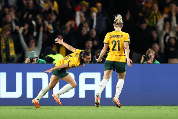 Hayley Raso celebrates after scoring her goal.