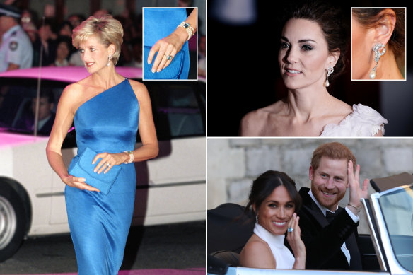 Princess Diana (left) in the ring and earrings that have been worn by the Duchess of Cambridge (top right) and Duchess of Sussex.