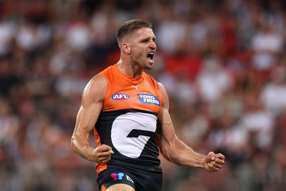 Jesse Hogan celebrates a goal.