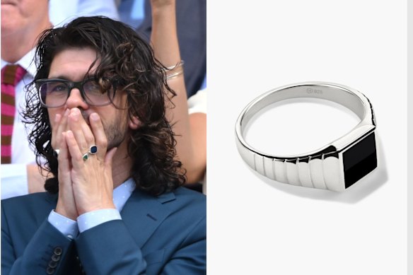 Actor Ben Whishaw; right: Mejuri sterling silver signet ring.