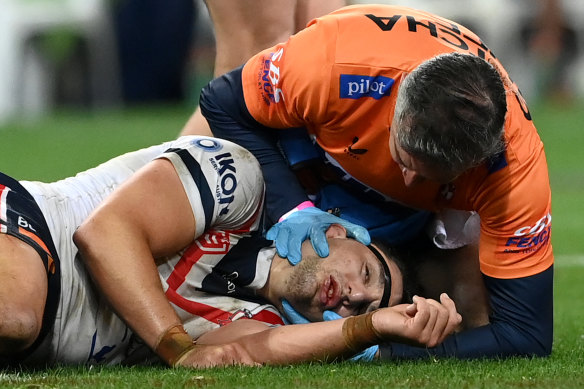 Roosters star Victor Radley after a head knock during a game against the Storm last August.