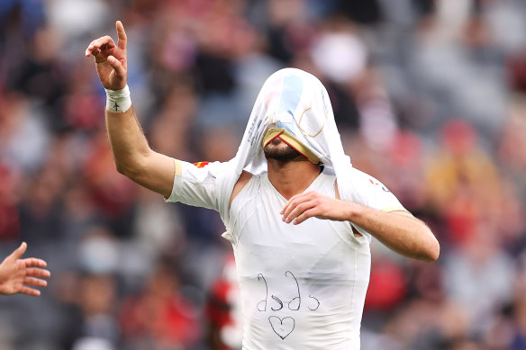 Beka Mikeltadze celebrates scoring a goal for the Jets.