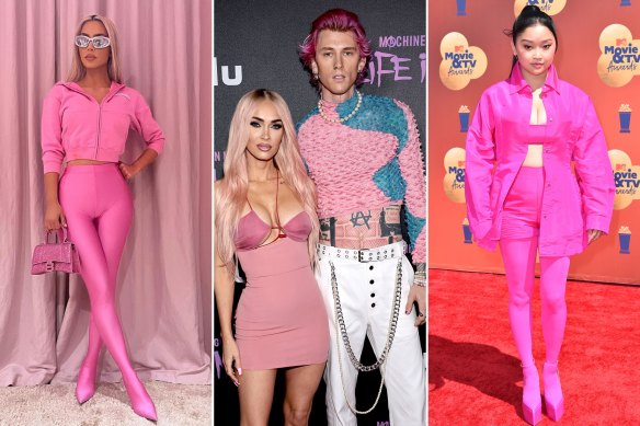 Barbiecore squad: Kim Kardashian in Balenciaga on Instagram, Megan Fox in Nensi Dojaka and Machine Gun Kelly in Chet Lo in Los Angeles, and Lana Condor in Valentino at the MTV Awards.