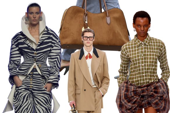 The trends of 2025 (from left): animal prints, matchy-matchy, big bags and plaid will take over.