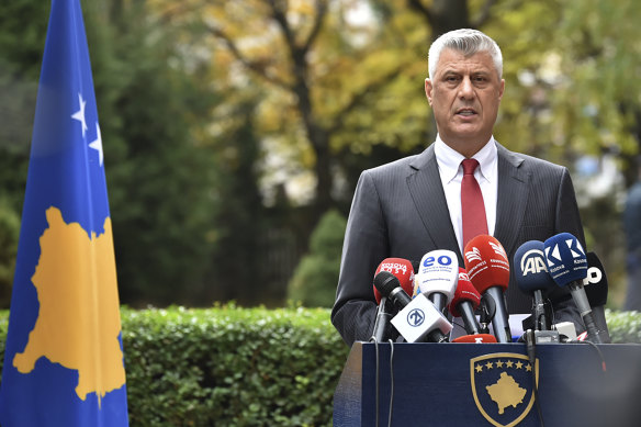 Hashim Thaci announces his resignation as president of Kosovo to face war crimes charges.