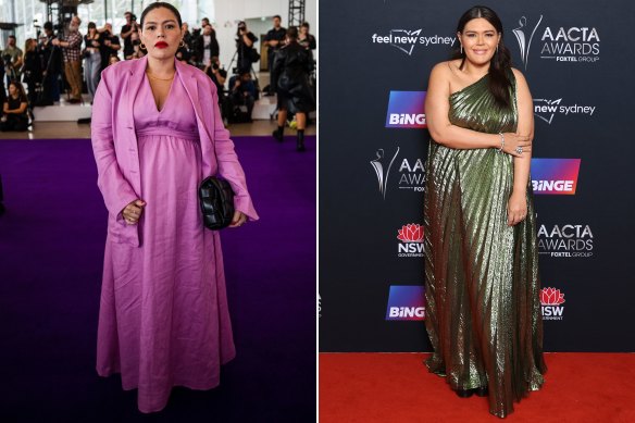 Nakkiah Lui in Bondi Born at Australian Fashion Week in May and weearing Oscar de la Renta at the AACTAs.