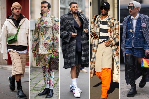 Winter ways to wear shorts: (From left) Influencer JS Roques wearing Bottega Veneta shorts in January at Paris Fashion Week; Influencer Abdulla Al Abdulla wears Louis Vuitton floral shorts with matching tights outside the Louis Vuitton show; US fencer Miles Chamley-Watson wears a checkered coat with striped shorts; A guest wearing white fluffy shorts with neon orange nylon pants outside BlueMarble; Bryanboy wearing Chanel shorts with black high leather boots outside the Chanel show.