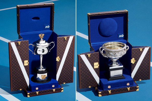The Daphne Akhurst Memorial Cup for women and Norman Brookes Challenge Cup for men trophy cases by Louis Vuitton in partnership with the Australian Open. 