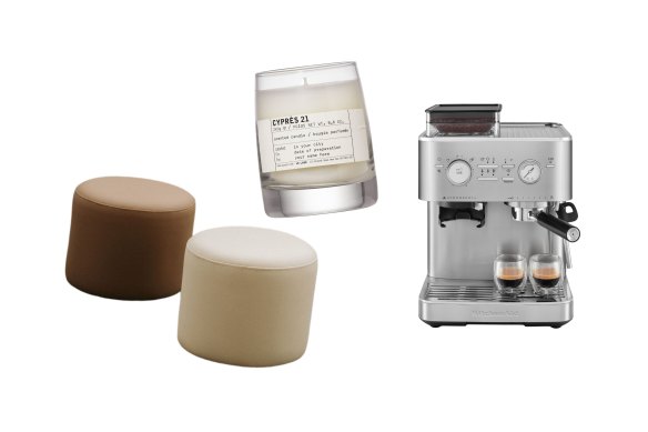 “Remi” stools; “Cyprès 21″ candle; Semi-automatic espresso machine.  